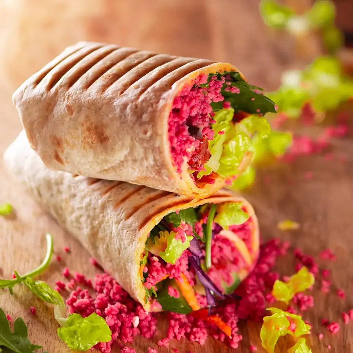 halbes Wrap mit würzigem Humus, getrockneter Tomaten, Rucola, Gurke, gegrillter Aubergine, geröstetem Sesam und pinkem Couscous.