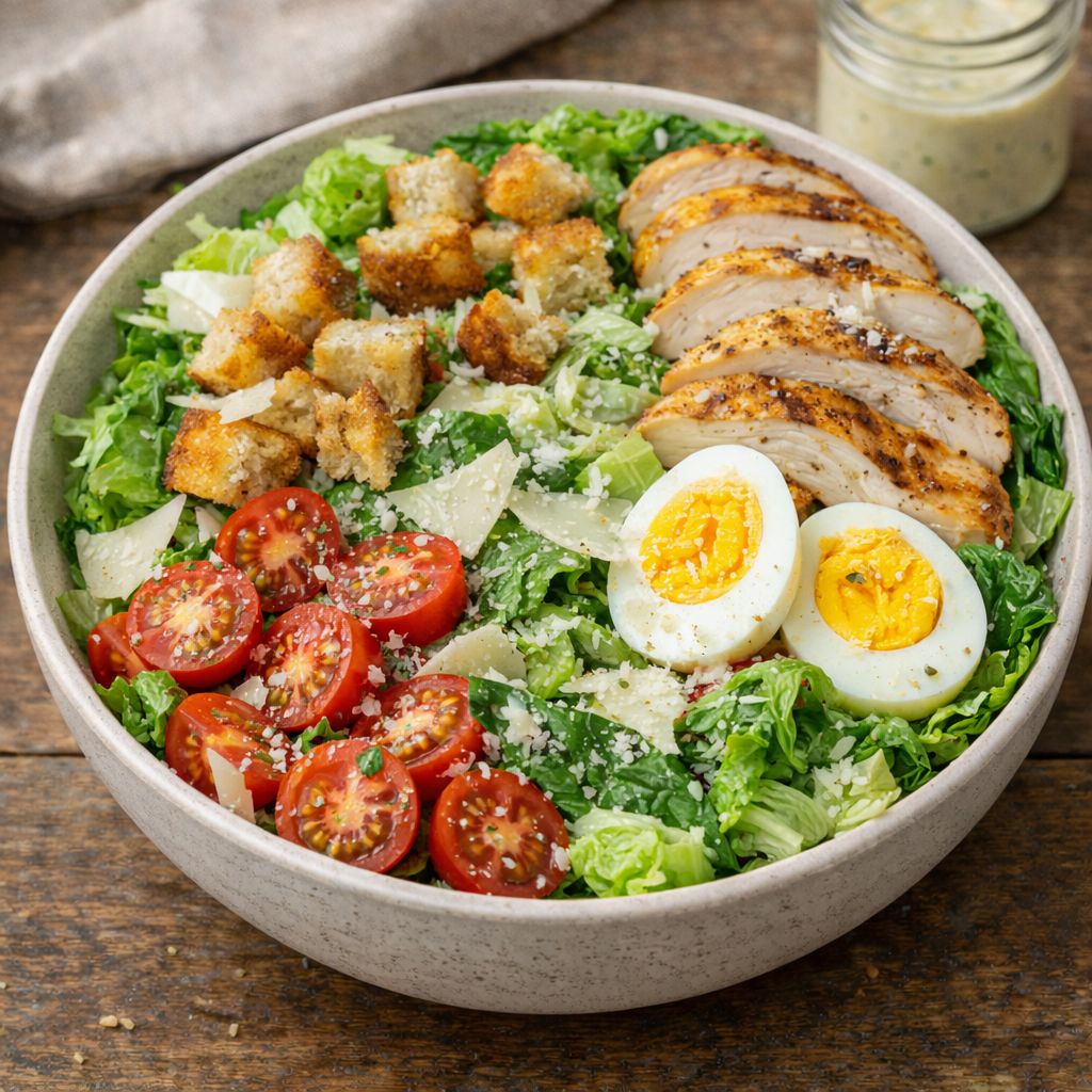 Bowle Cesar Salat mit Hähnchen, Tomaten, Croutons, hartgekochtes Ei und Parmesan