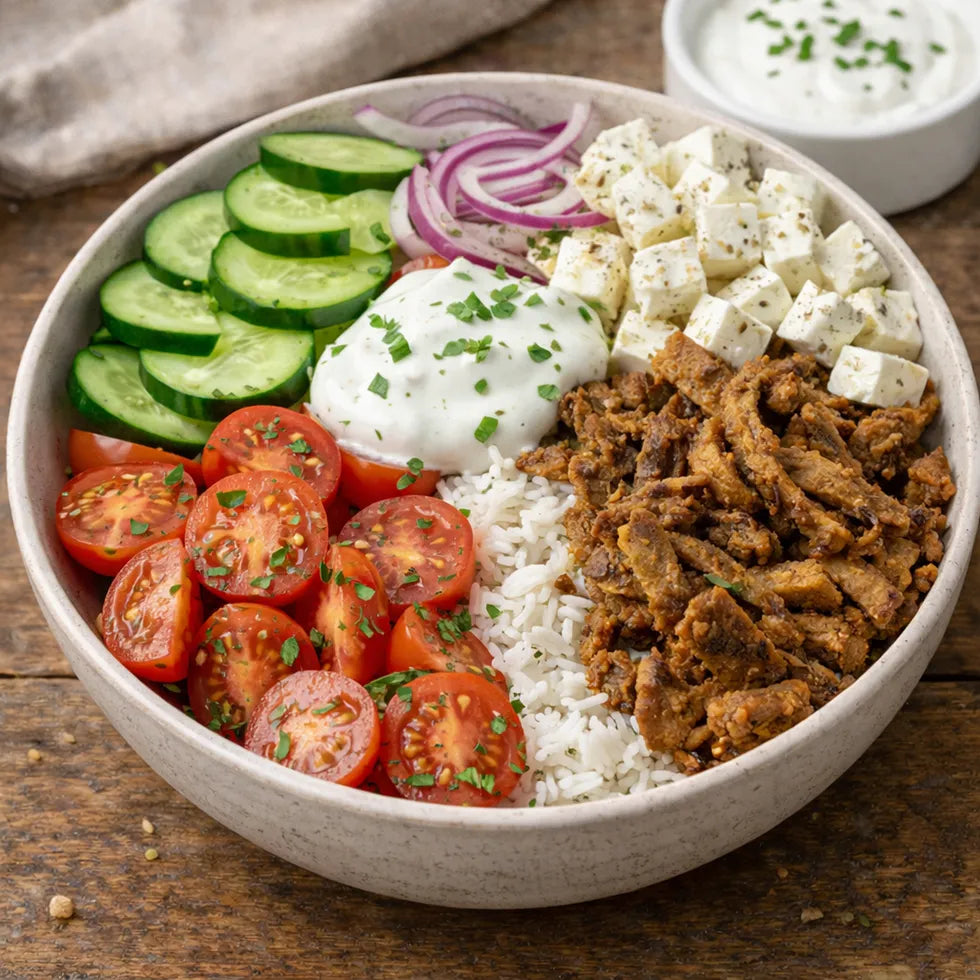 Bowle mit Reis,  Gurke, Tomate, Zwiebel, veganes Gyros, veganer Feta Käse und veganer Sour Cream