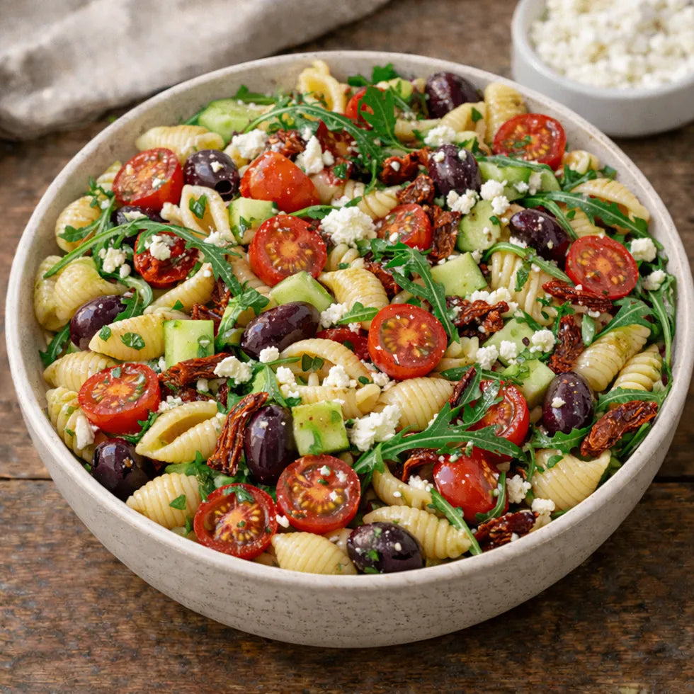 Bowle Pasta mit Cherry-Tomaten, Gurke, Kalamata-Oliven, sonnengetrockneten Tomaten, Rucola und cremigem Feta