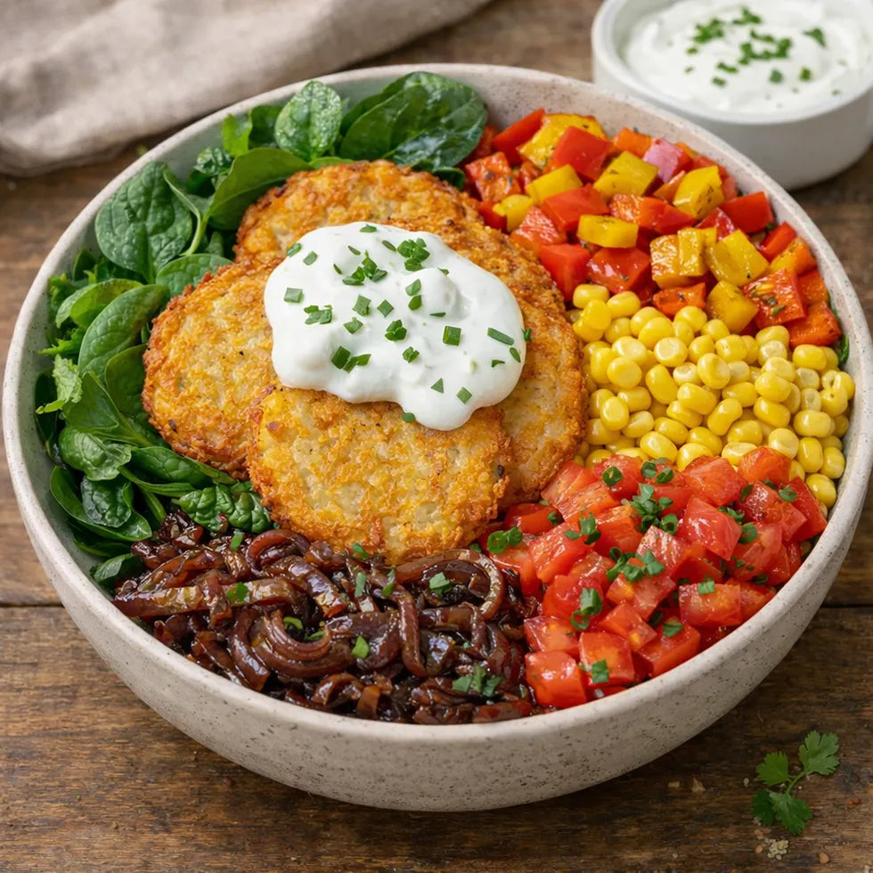 Bowle Blattsalat mit drei Röstis, Paprika, Mais, karamelisierte Zwiebel und Tomate dazu vegane Sour Cream