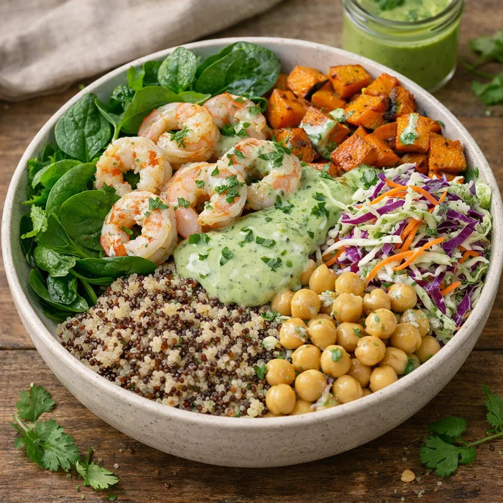 Bowle Blattsalat mit Spinat, Süsskartoffel, Quinoa, Kichererbsen, Coleslaw, Garnelen und Silantro Tahini Dressing