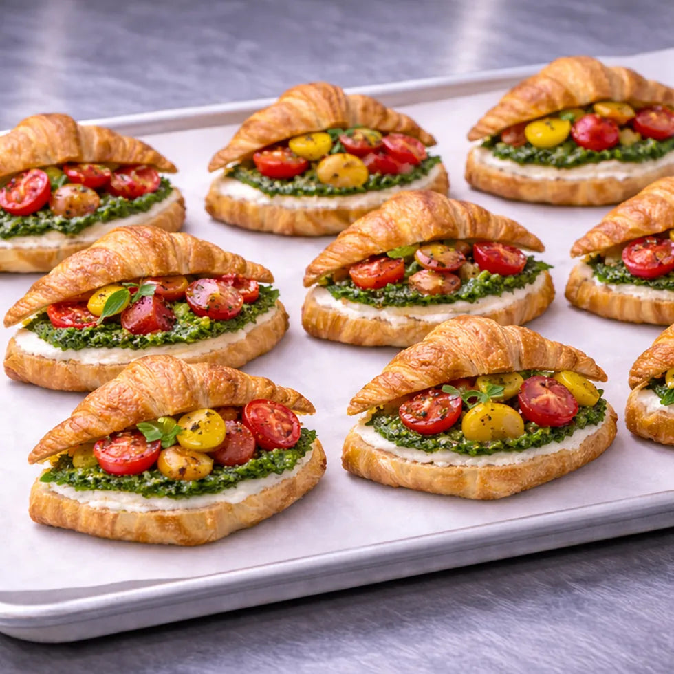 mini Croissants gefüllt mit Burrata, Pesto und Kirschtomaten 12Stk.