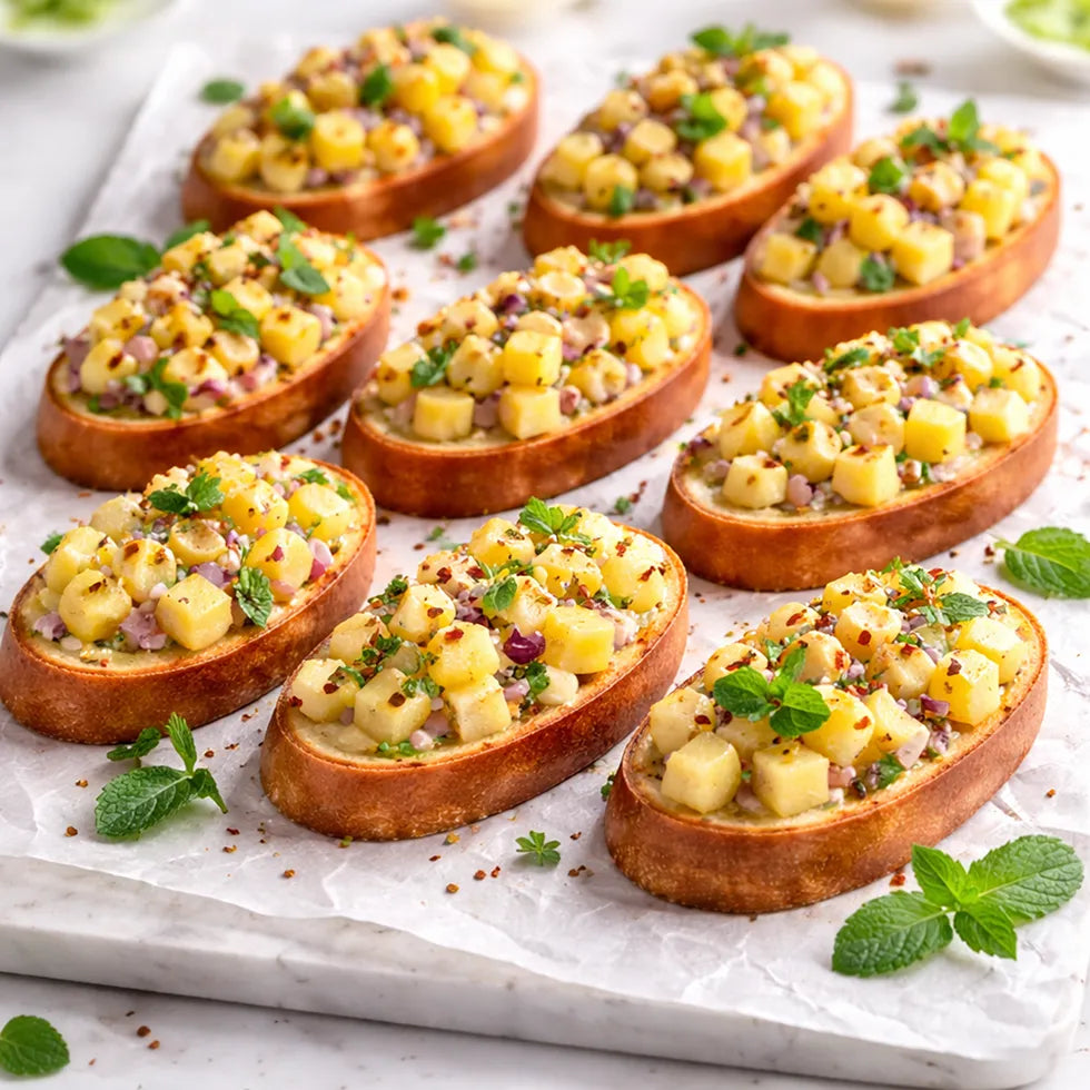 Bruschetta mit Ananas, rote Zwiebel und Minze, gemischt mit Limettensaft. vegan. 20 Stück