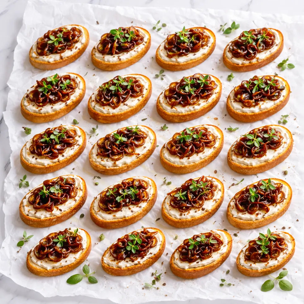 Bruschetta mit Süße karamellisierte Zwiebeln, dazu cremiger Ziegenkäse und frischen Kräutern. 20 Stück