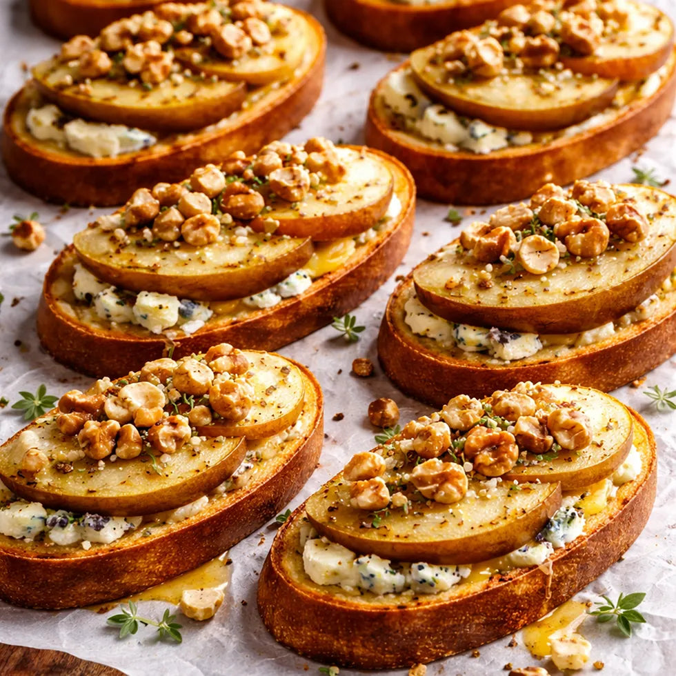 Bruschetta mit Pfirsich, zerbröseltem Käse, Walnüsse und Honig. 20 Stück