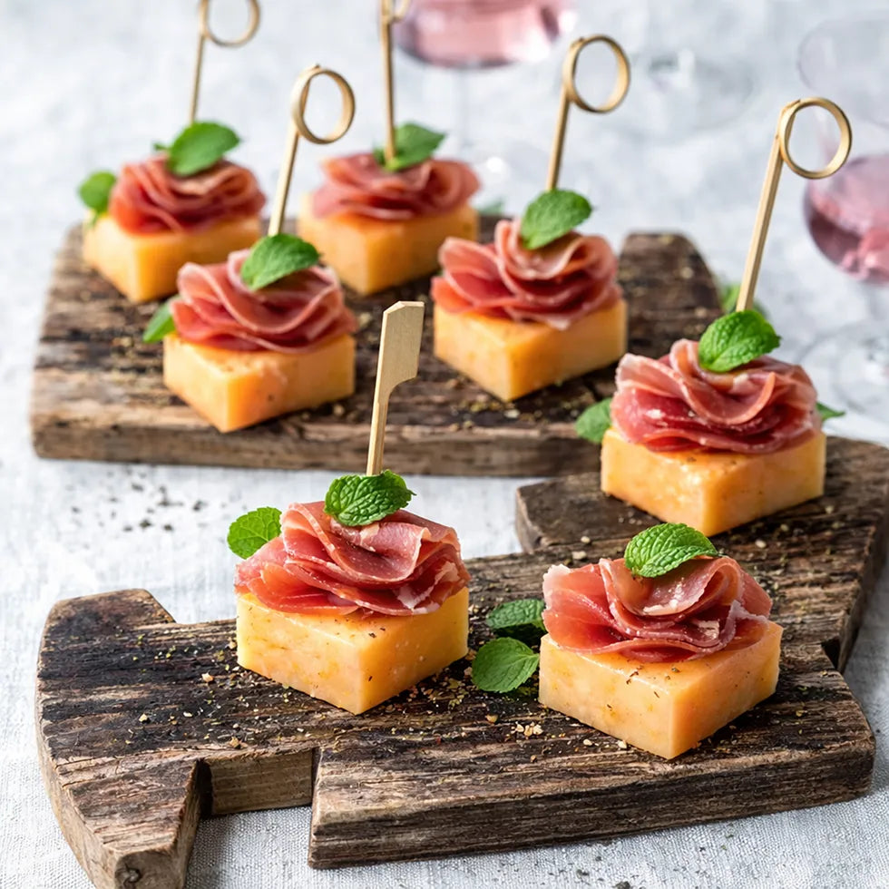 Spieß - Spanischer-Gourmet- Spieß  Manchego Käse, Ruccola  mit Serrano 20 Stück