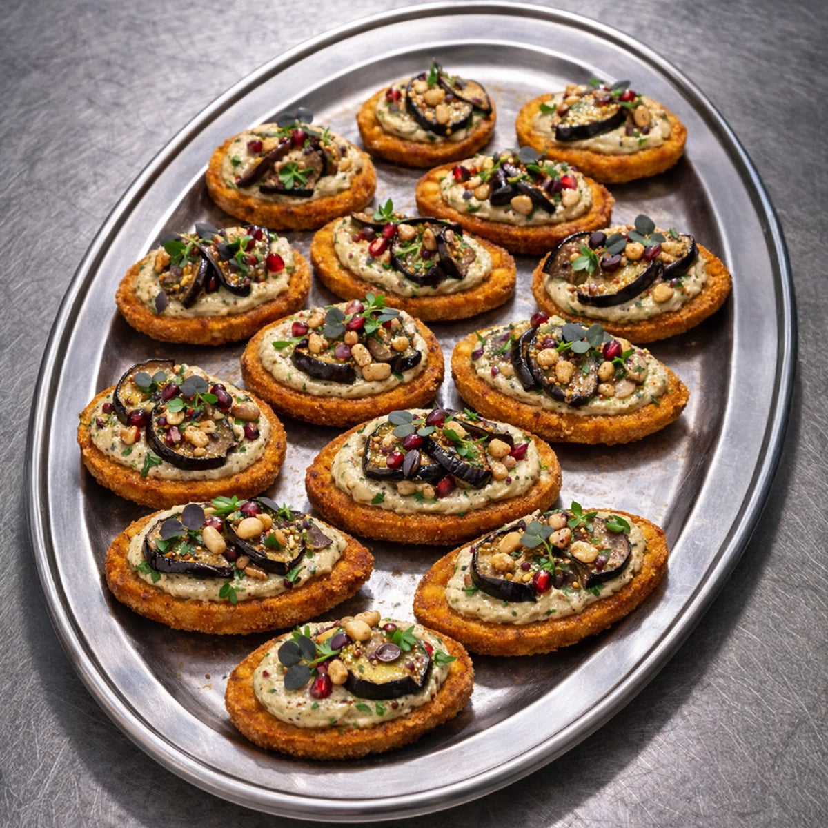 Kartoffelrösti - mit Baba Ganoush und Ruccola befühltes  Kartoffelschiffchen 20 Stück