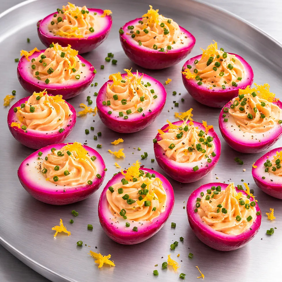 Fingerfood pinke deviled eggs mit Schnittlauch.  20 Portionen