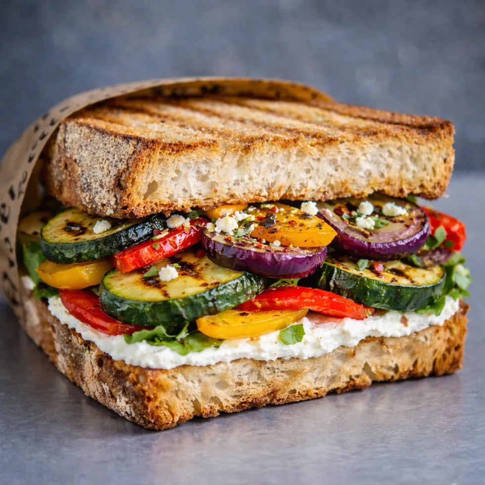 Sandwich mit veganem Aufstrich und gegrilltem Gemüse.