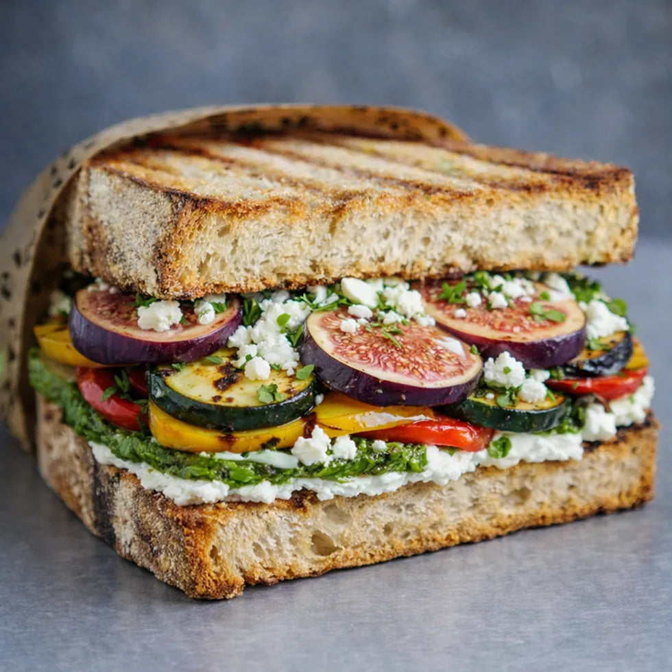 Sandwich mit hausgemachter Basilikum-Pesto, gegrilltem Gemüse, Feige und Ziegenkäse