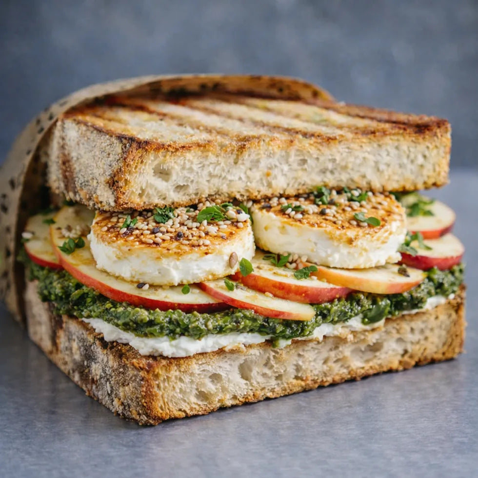 Sandwich mit Basilikum-Pesto, gebackenem Ziegenkäse, Apfel und geröstetem Sesam.