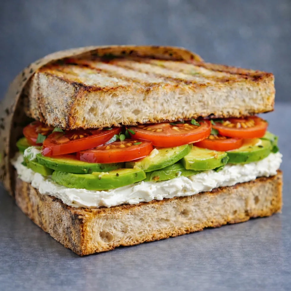 Sandwich   mit Avocado, Tomate und Frischkäse.