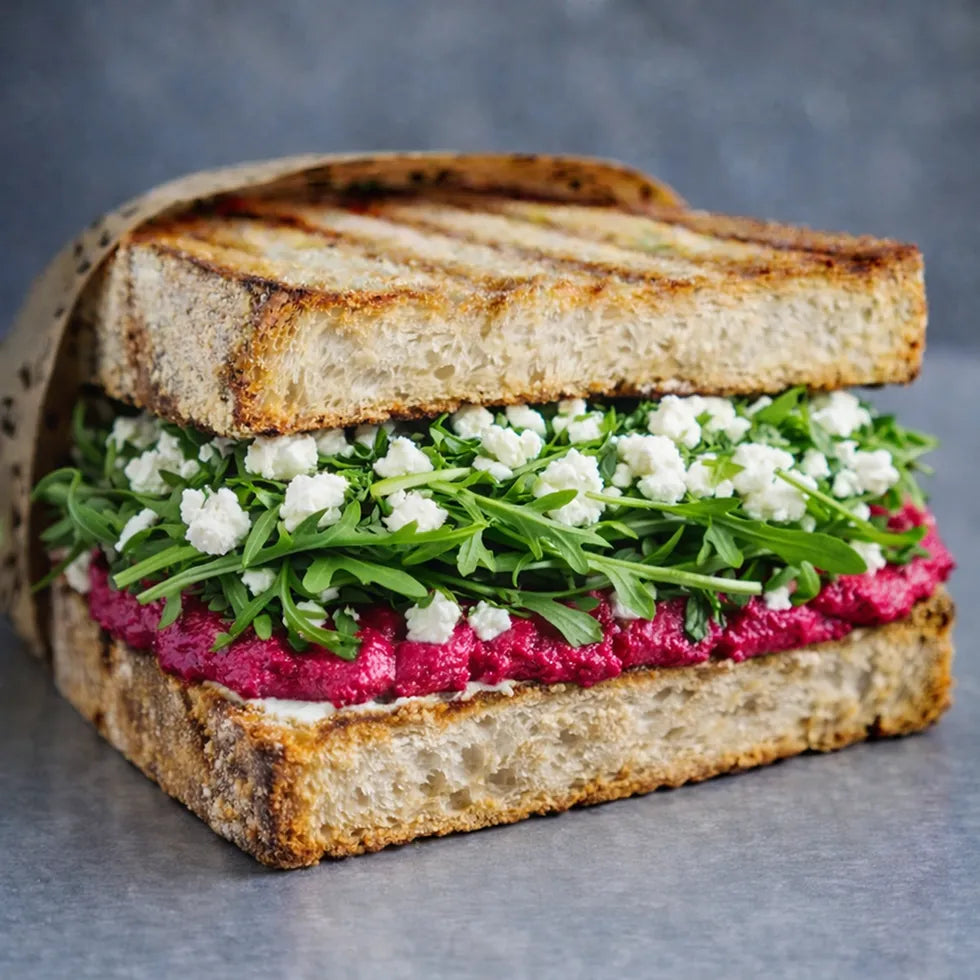 Sandwich mit Rote Beete Hummus, Rucola und Feta.