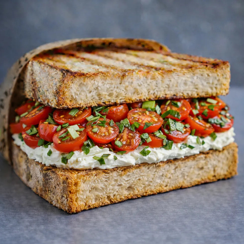 Sandwich  mit Frischkäse, Cherry-Tomaten und Kräutern.