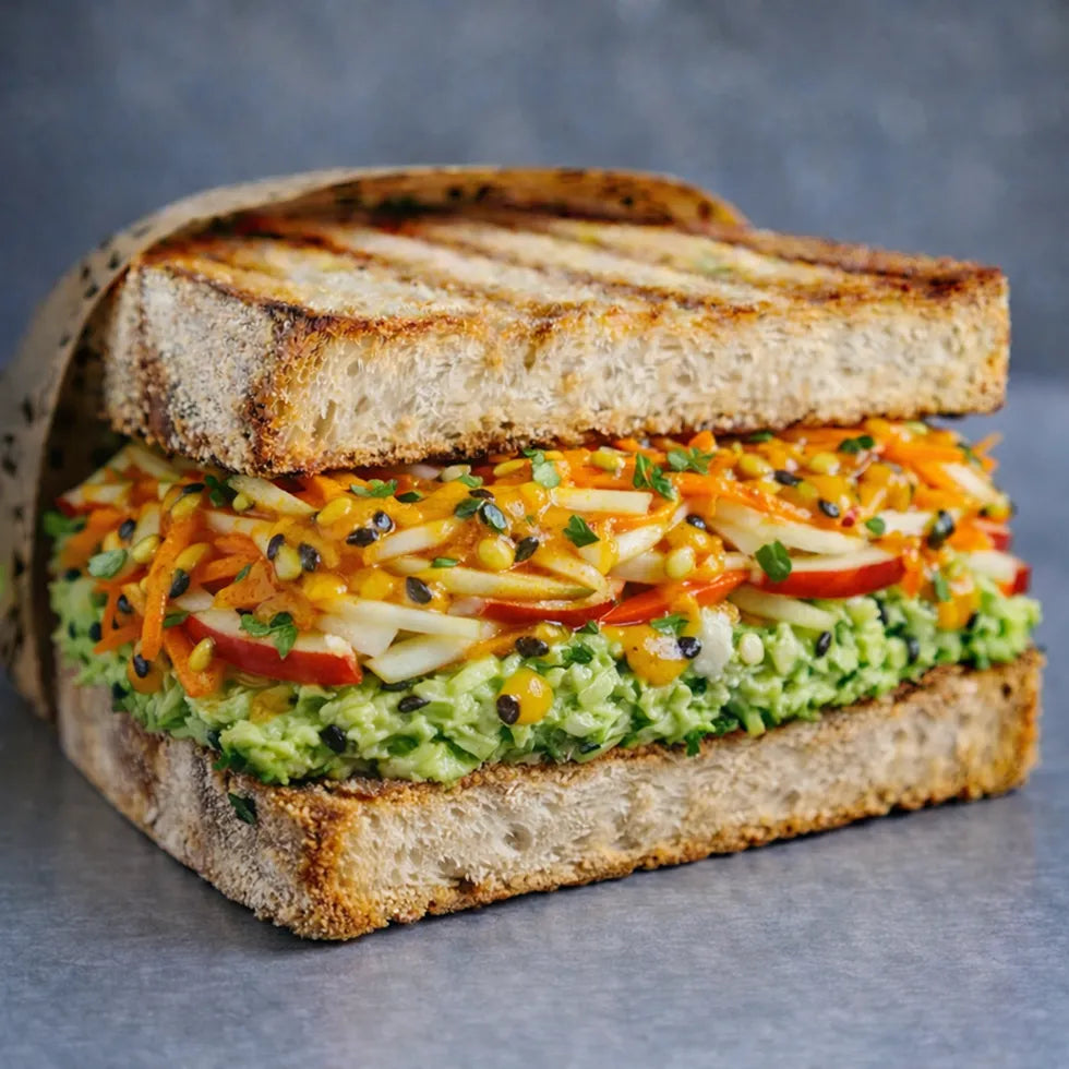 Sandwich mit Gemüse und Maracuja Dressing.