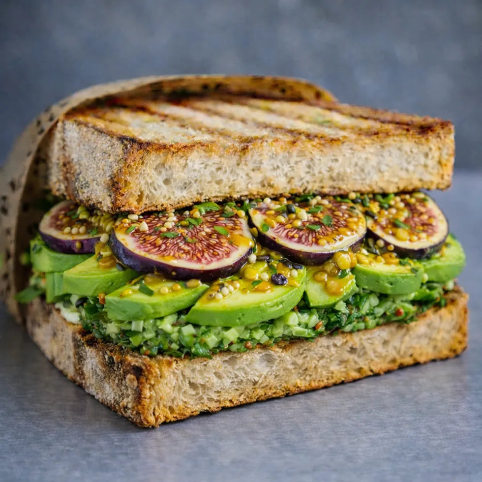Sandwich mit  Avocado, Feige und Agaven-Senf Dressing.
