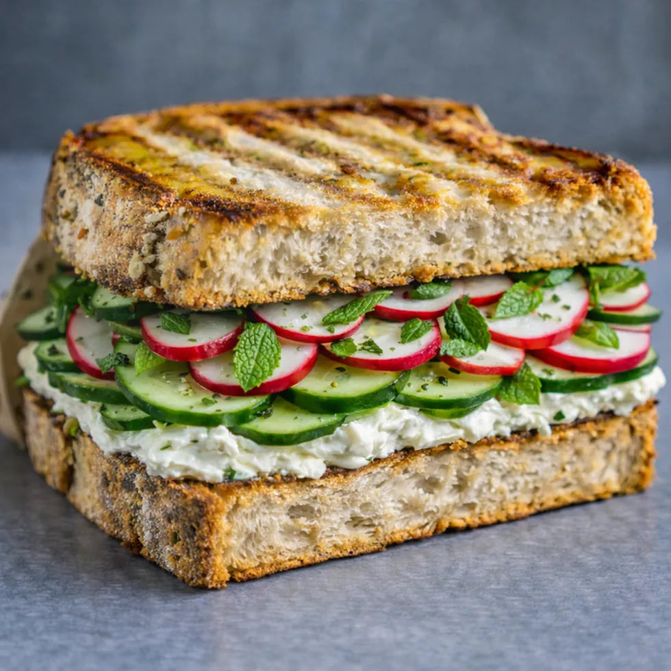 Sandwich  mit Gurken, Frischkäse, Radieschen und Minze.