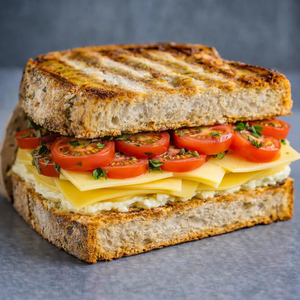 Sandwich mit Butter, Gouda und Tomate.