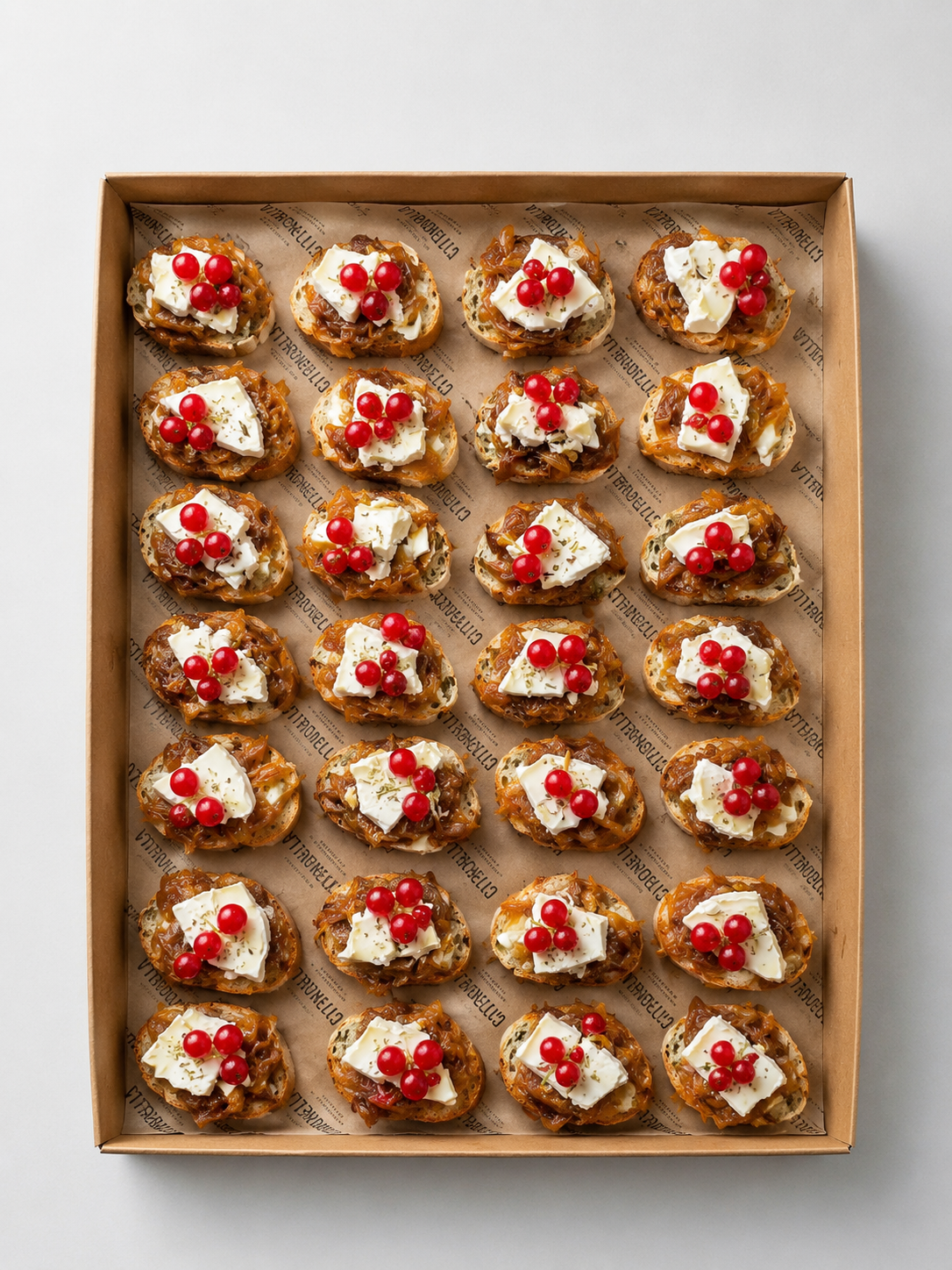 Bruschetta mit cremiger Brie mit Preiselbeersoße und gerösteten Haselnüssen. 20 Stück