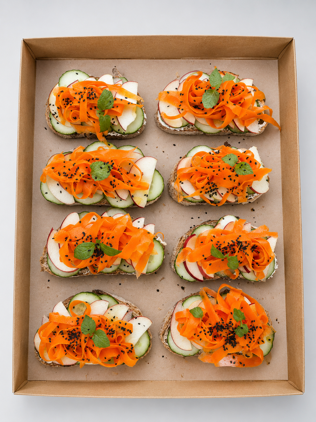 Bruschetta mit Karotte, Gurke, Apfel, Maracuja Dressing, 20 Stück